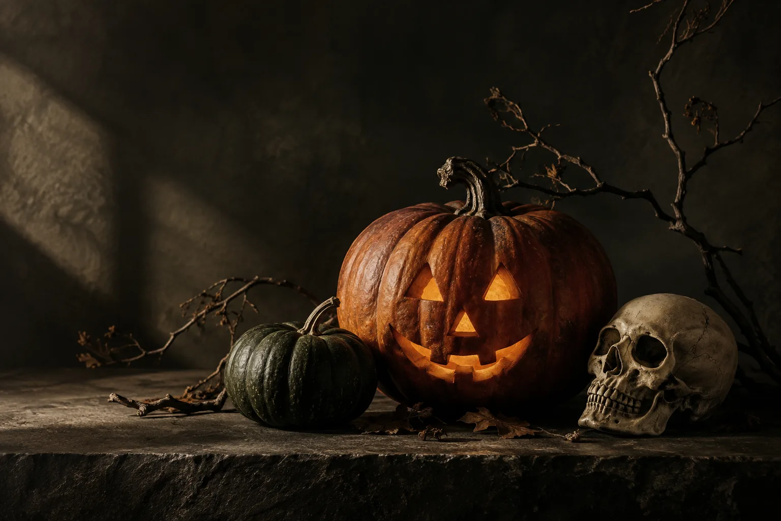An autumn still life of pumpkins, a theatrical skull and sculptural branches in warm candlelight